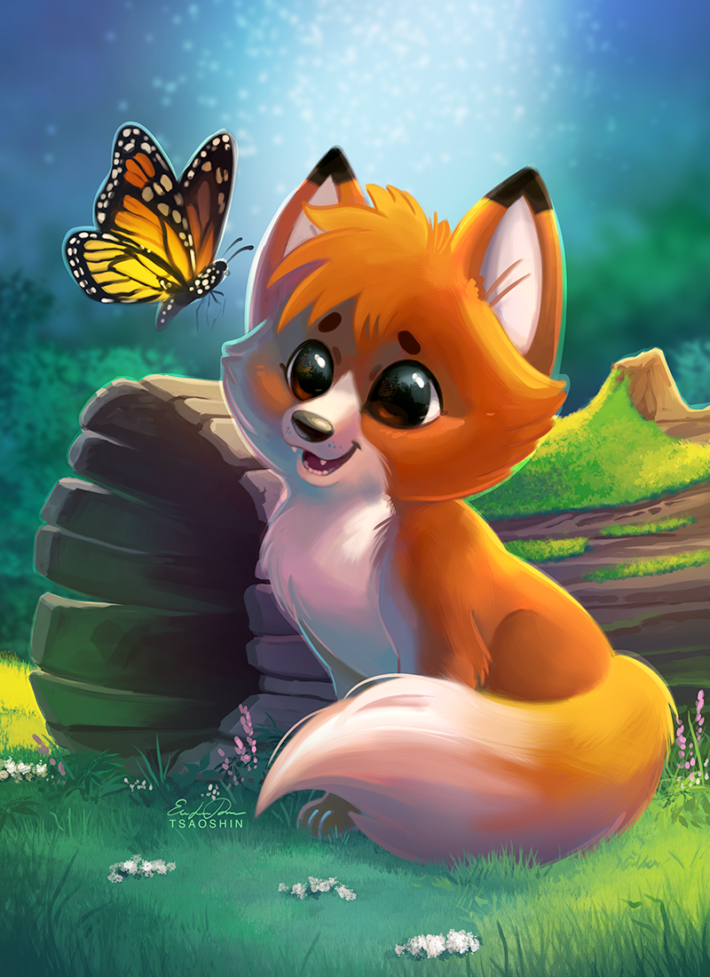 :d, brown_eyes, bug, butterfly, chibi, commentary, day, disney, english_commentary, eric_proctor, fangs, flying, fox, grass, happy, insect, open_mouth, outdoors, sitting, smile, the_fox_and_the_hound, tod_(the_fox_and_the_hound)