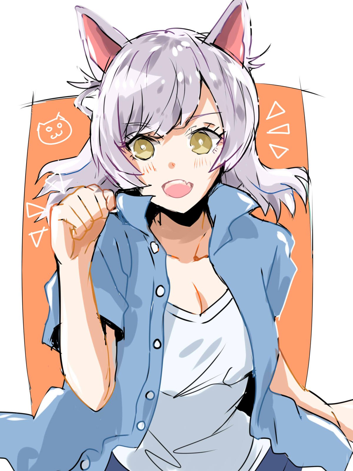 1girl, :d, accent_mark, animal_ears, bangs, black_hanekawa, blue_shirt, blush