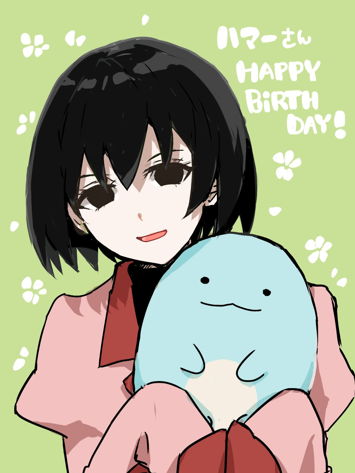 1girl, :3, black_eyes, black_hair, black_shirt, black_undershirt, bob_cut, commentary