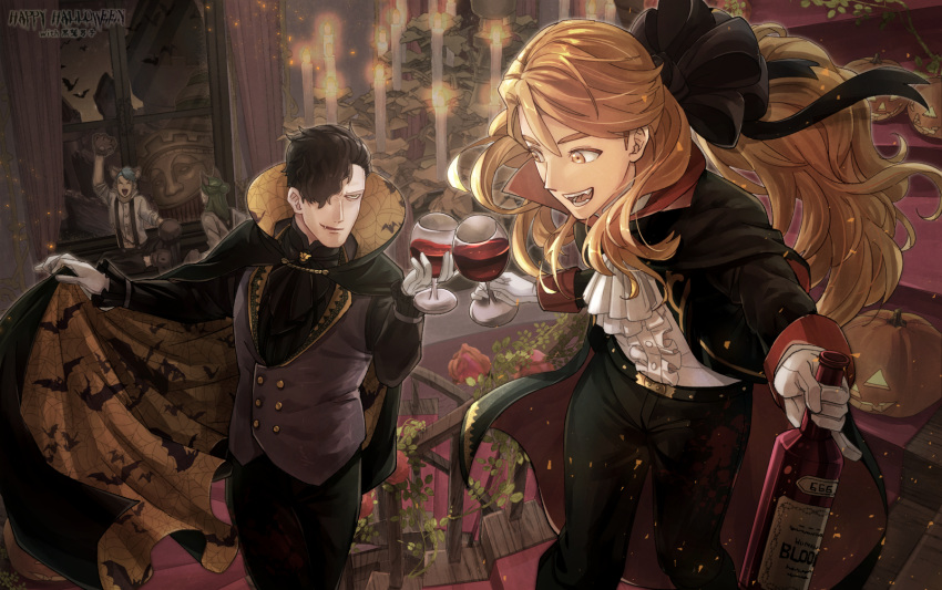 4boys, alcohol, animal_ears, ascot, black_hair, bottle, bow, candle