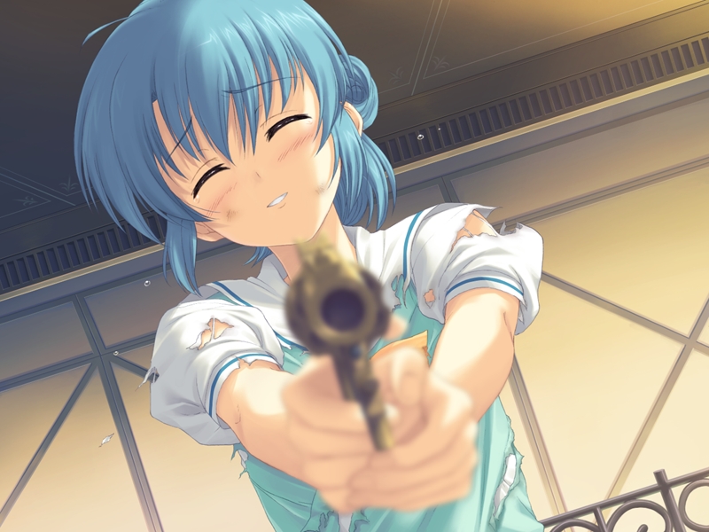 blurry, blush, closed_eyes, depth_of_field, game_cg, gun, katagiri_megumi, kusari