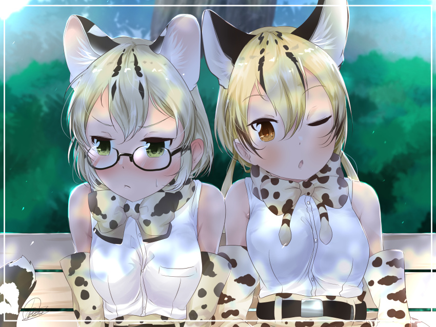 2girls, :<, ;o, amemiya_neru, animal_ear_fluff, animal_ears, bangs, bare_shoulders