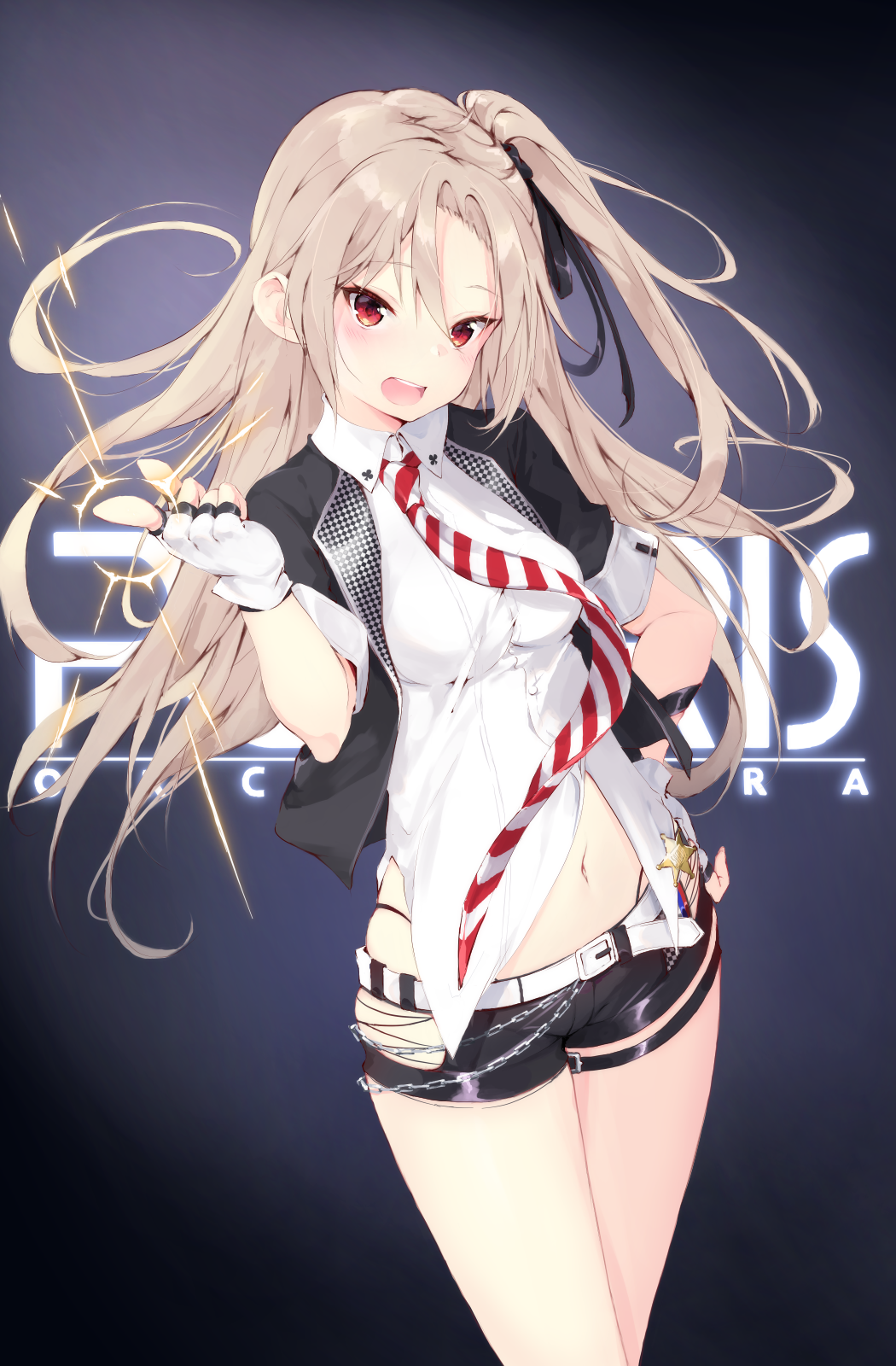 1girl, :d, azur_lane, belt, black_jacket, black_shorts, breasts, brown_hair