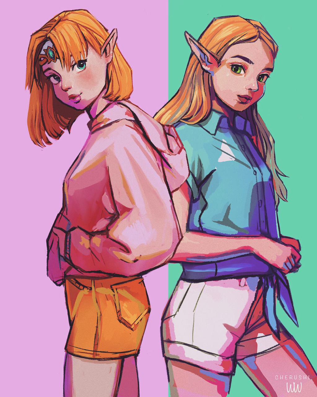 2girls, back-to-back, blonde_hair, blue_eyes, breasts, casual, cherushi, circlet, commentary, contemporary, dual_persona, english_commentary, forehead, forehead_jewel, front-tie_top, green_eyes, hands_in_pockets, highres, hood, hood_down, hoodie, lips, long_hair, long_sleeves, looking_at_viewer, medium_hair, miniskirt, multicolored, multicolored_background, multiple_girls, nose, orange_skirt, pointy_ears, princess_zelda, short_sleeves, shorts, skirt, small_breasts, the_legend_of_zelda, the_legend_of_zelda:_breath_of_the_wild, white_shorts