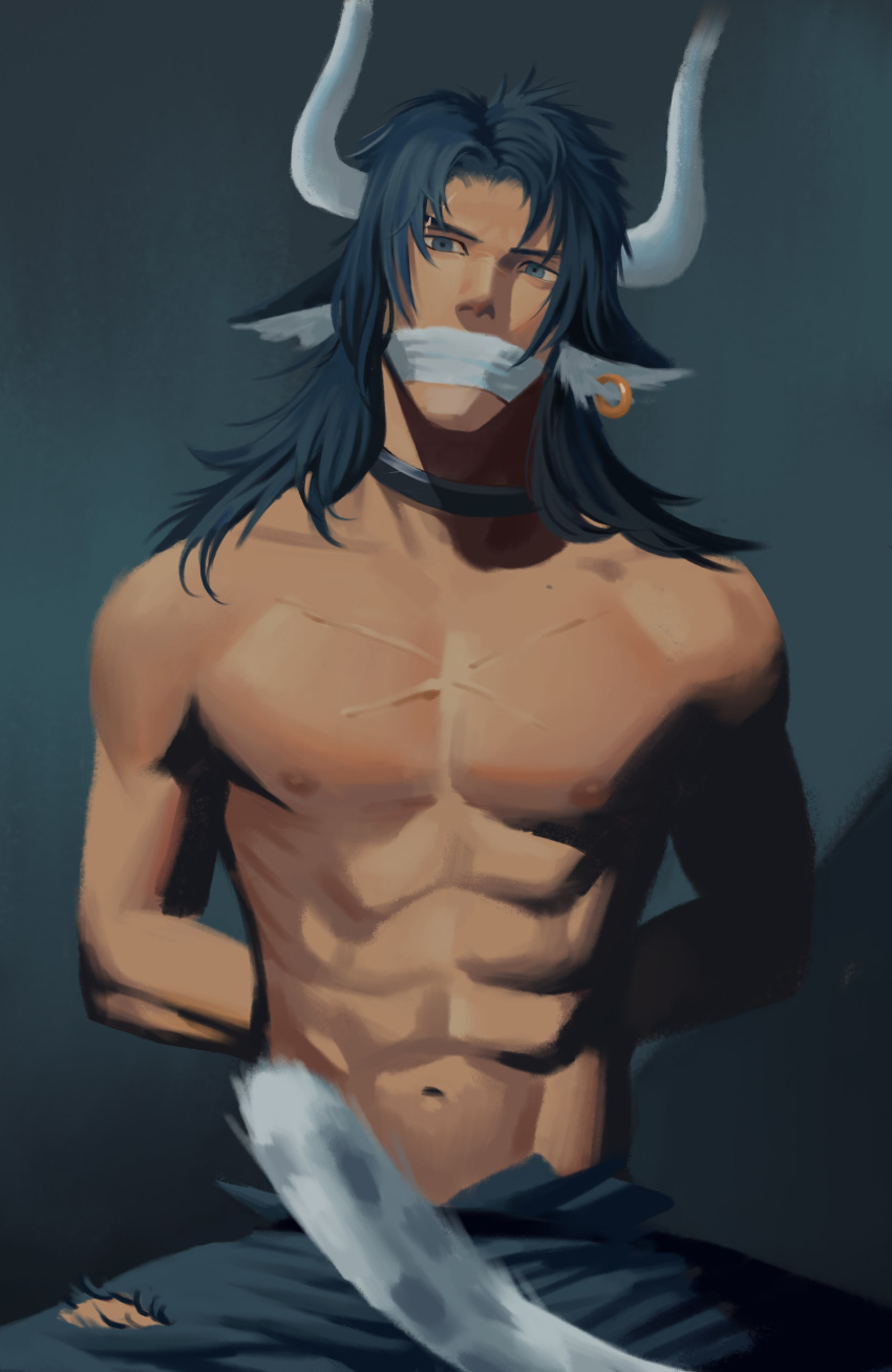 2boys, absurdres, arknights, arms_behind_back, bara, blue_eyes, blue_hair, bound, collar, ear_piercing, gagged, grey_background, highres, horns, looking_at_viewer, male_focus, matterhorn_(arknights), multiple_boys, muscle, nipples, pants, pectorals, piercing, r_suka, scar, silverash_(arknights), sitting, tail, torn_clothes, torn_pants