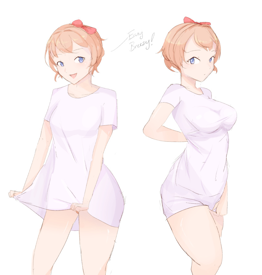 1girl, :d, blue_eyes, bow, breasts, cowboy_shot, doki_doki_literature_club, english_text, hair_bow, highres, kkyz13, lifted_by_self, light_brown_hair, looking_at_viewer, medium_breasts, multiple_views, no_pants, open_mouth, pajamas_challenge, red_bow, sayori_(doki_doki_literature_club), shirt, shirt_lift, short_hair, simple_background, sketch, smile, t-shirt, taut_clothes, taut_shirt, white_background, white_shirt