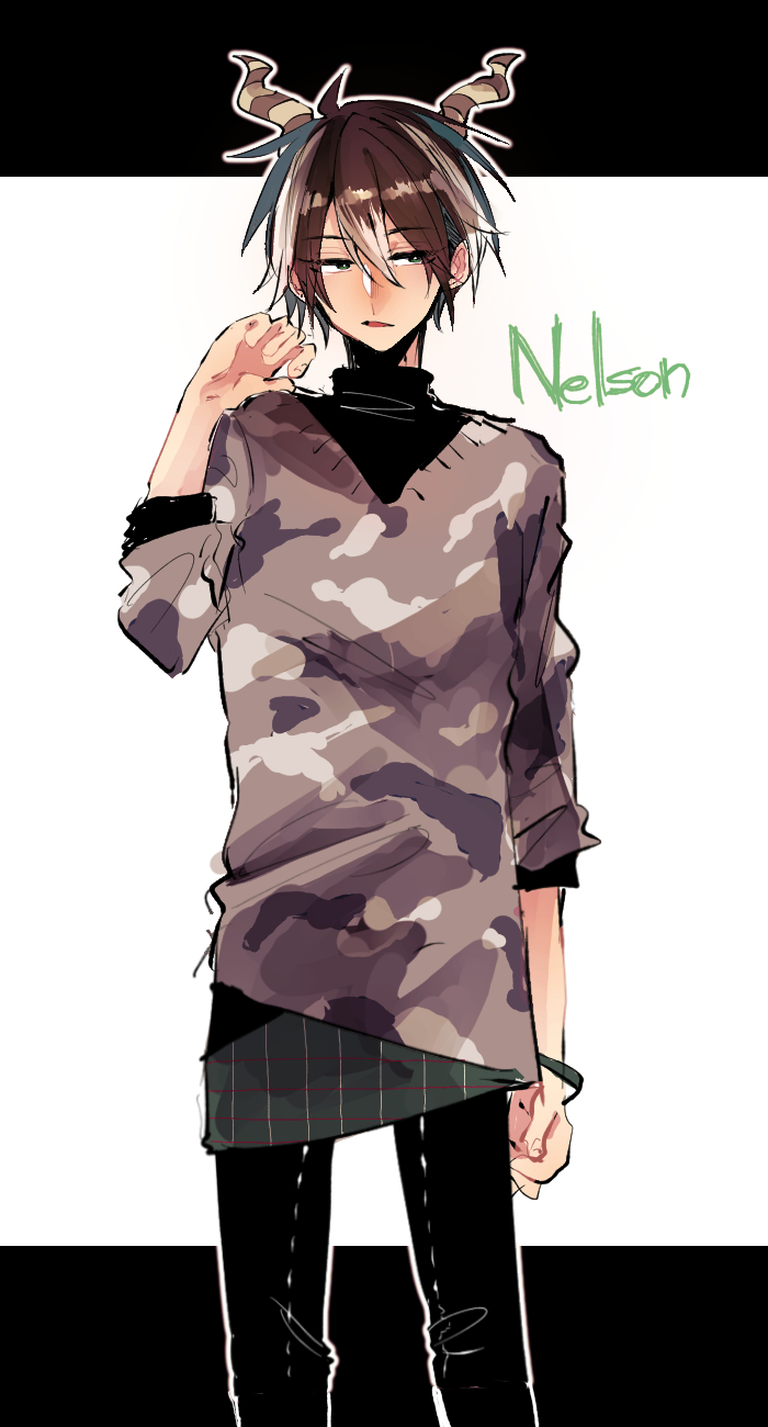 1boy, black_hair, bracelet, character_name, doubutsu_no_mori, earrings, green_hair, highres, horns, jewelry, male_focus, multicolored_hair, nelson_(doubutsu_no_mori), open_mouth, personification, solo, szw31, white_background, white_hair