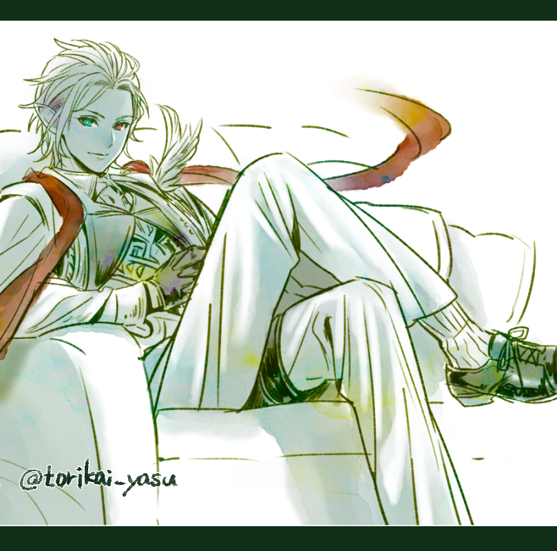 1boy, ankle_socks, blue_eyes, couch, crossed_legs, formal, gloves, granblue_fantasy