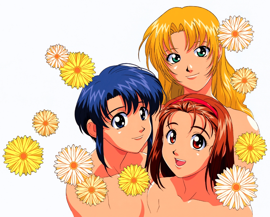 blonde_hair, blue_eyes, blue_hair, brown_eyes, brown_hair, flower, green_eyes, hairband, haruka_(viper), multiple_girls, nami_(viper), nude, red_eyes, short_hair, smile, takako_(viper), topless, viper, viper_v16
