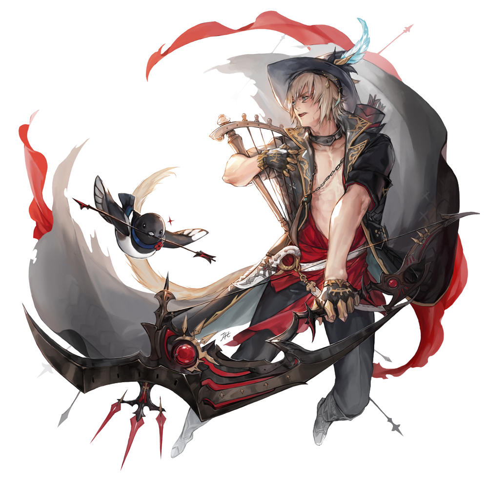 1boy, abs, animal, animal_ears, arrow, bard_(final_fantasy), bird, blonde_hair