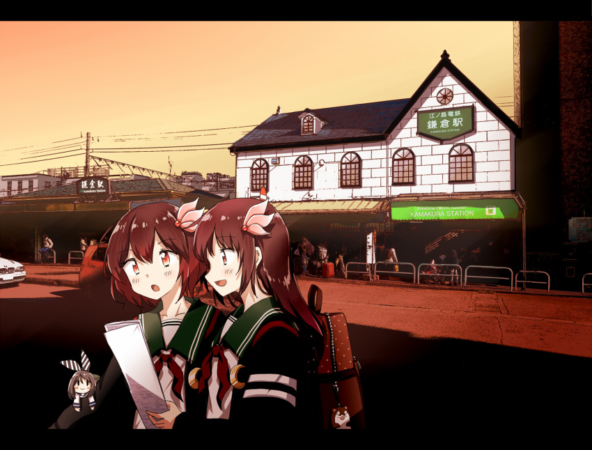 2girls, any_(lucky_denver_mint), black_jacket, bmw, brown_backpack, brown_eyes, brown_hair, car