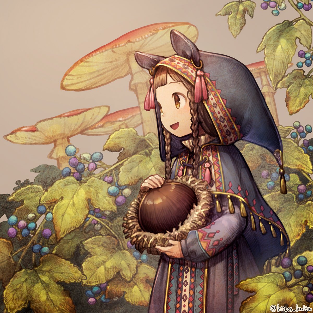 1girl, bangs, blunt_bangs, braid, brown_hair, commentary_request, food, fruit