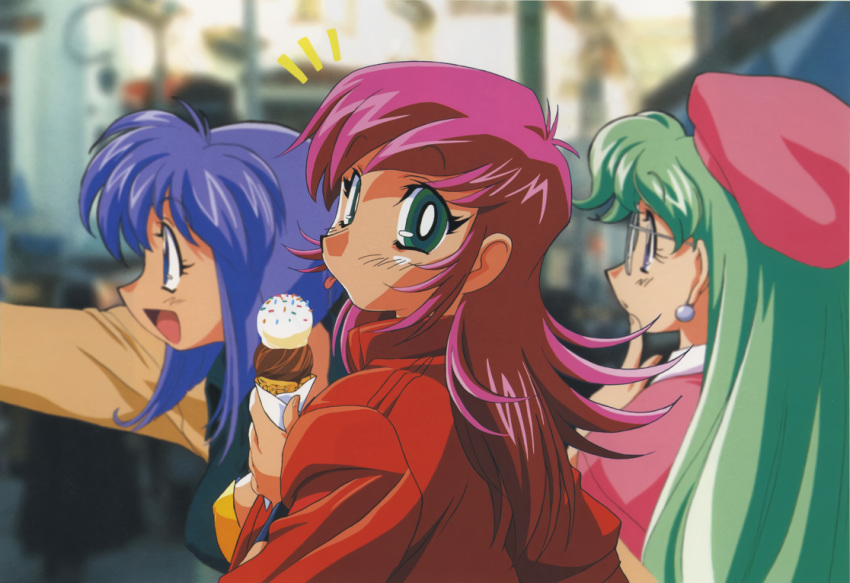 /\/\/\, 3girls, aqua_eyes, blue_eyes, blue_hair, blurry, blurry_background, double_scoop