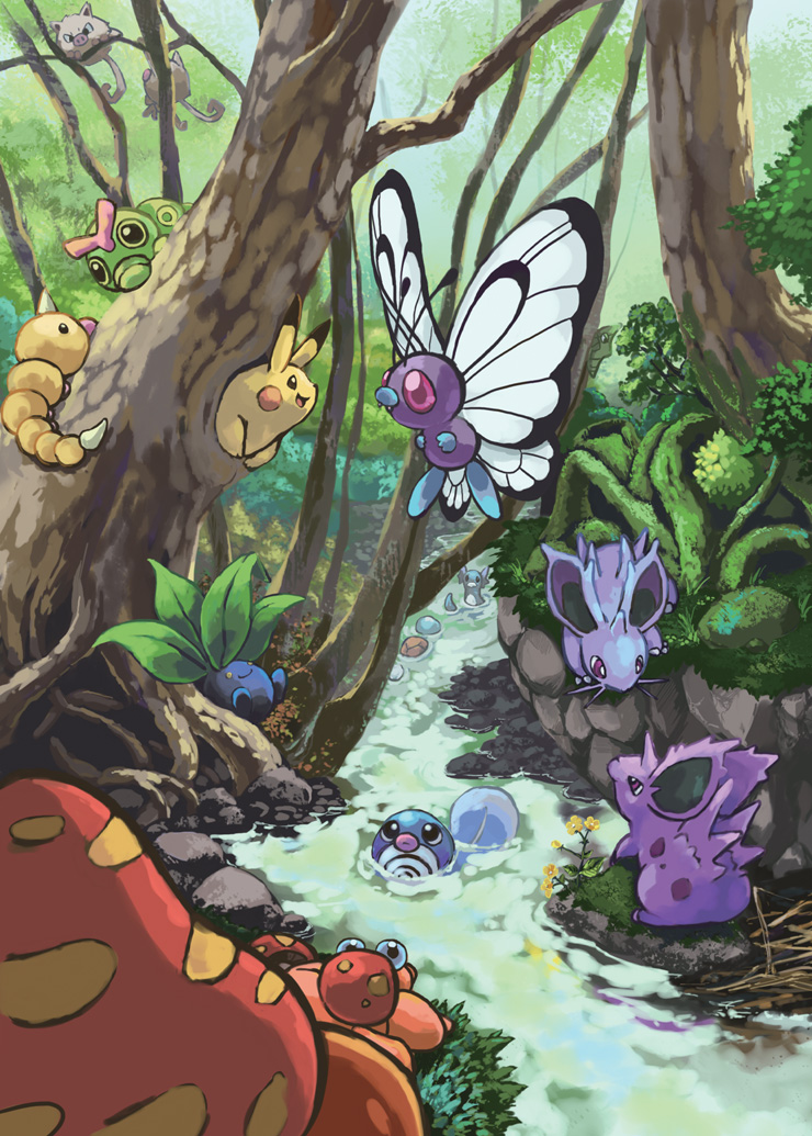 butterfree, caterpie, commentary_request, creature, dratini, eye_contact, fangs, flying, forest, gen_1_pokemon, grass, looking_at_another, looking_at_viewer, looking_away, mankey, metapod, nature, nidoran, nidoran_(female), nidoran_(male), no_humans, oddish, paras, parasect, pikachu, pokemon, pokemon_(creature), poliwag, river, rock, squirtle, toneko, tree, water, weedle