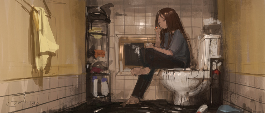 1girl, bathroom, brown_hair, cigarette, highres, kim_ki-jung, long_hair, parasite_(film)