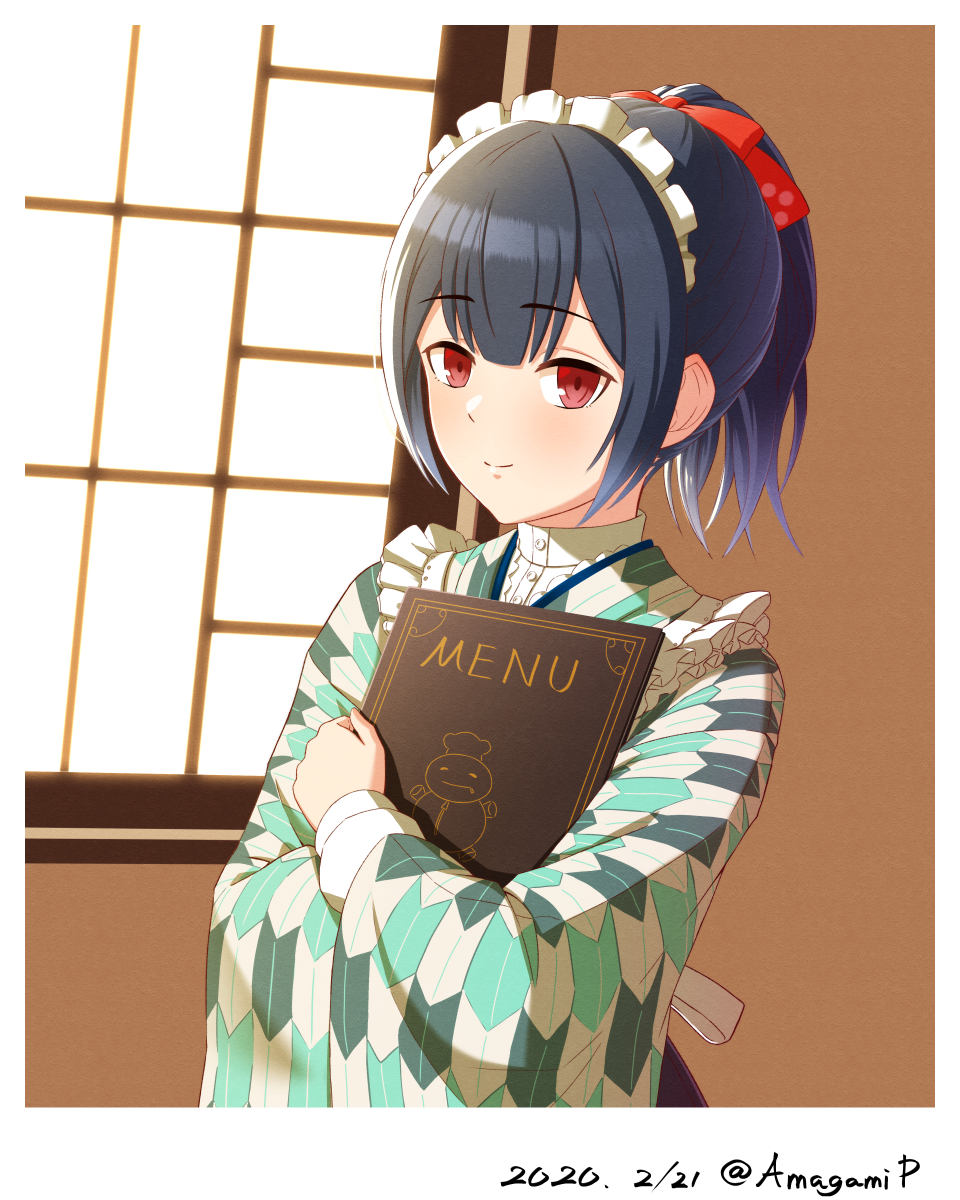 1girl, amagamip, blue_hair, commentary_request, crossed_arms, dated, day, eyebrows_visible_through_hair