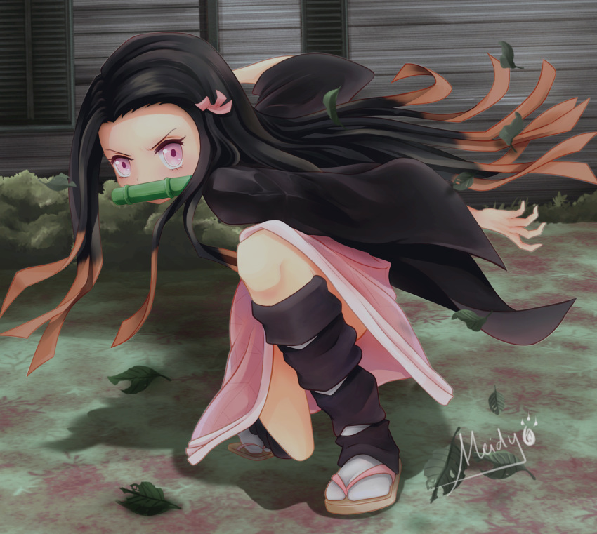 1girl, absurdres, andreas_meidy, arms_up, artist_name, bamboo, bit_gag, black_hair