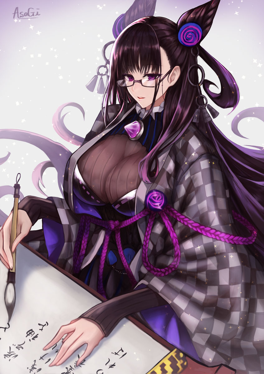 1girl, asagik23, bangs, breasts, calligraphy_brush, capelet, double_bun, dress