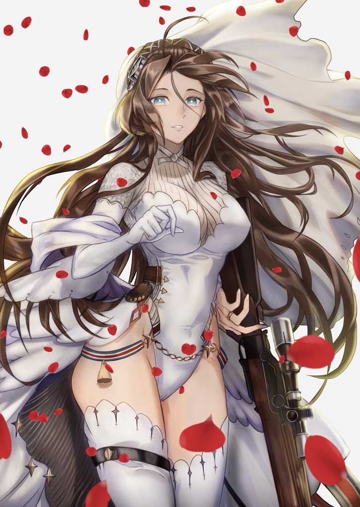 1girl, asagik23, blue_eyes, breasts, bridal_veil, brown_hair, elbow_gloves, girls_frontline