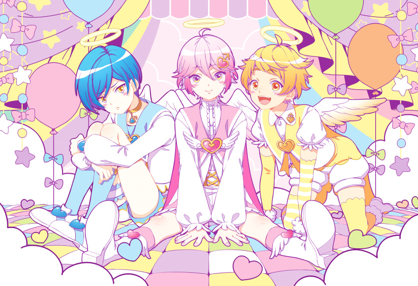 3boys, :<, absurdres, ahoge, balloon, blonde_hair, blue_hair, blue_legwear, blush_stickers, boots, chiyuru_(couture_tulle), full_body, halo, highres, magical_boy, male_focus, multiple_boys, open_mouth, original, pink_eyes, pink_hair, pout, shorts, smile, thigh-highs, yellow_legwear, yume_kawaii