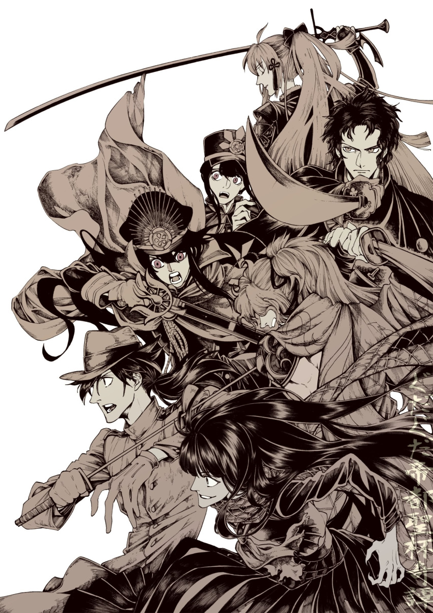 3girls, 4boys, absurdres, back, cape, closed_eyes, fate/grand_order, fate_(series)