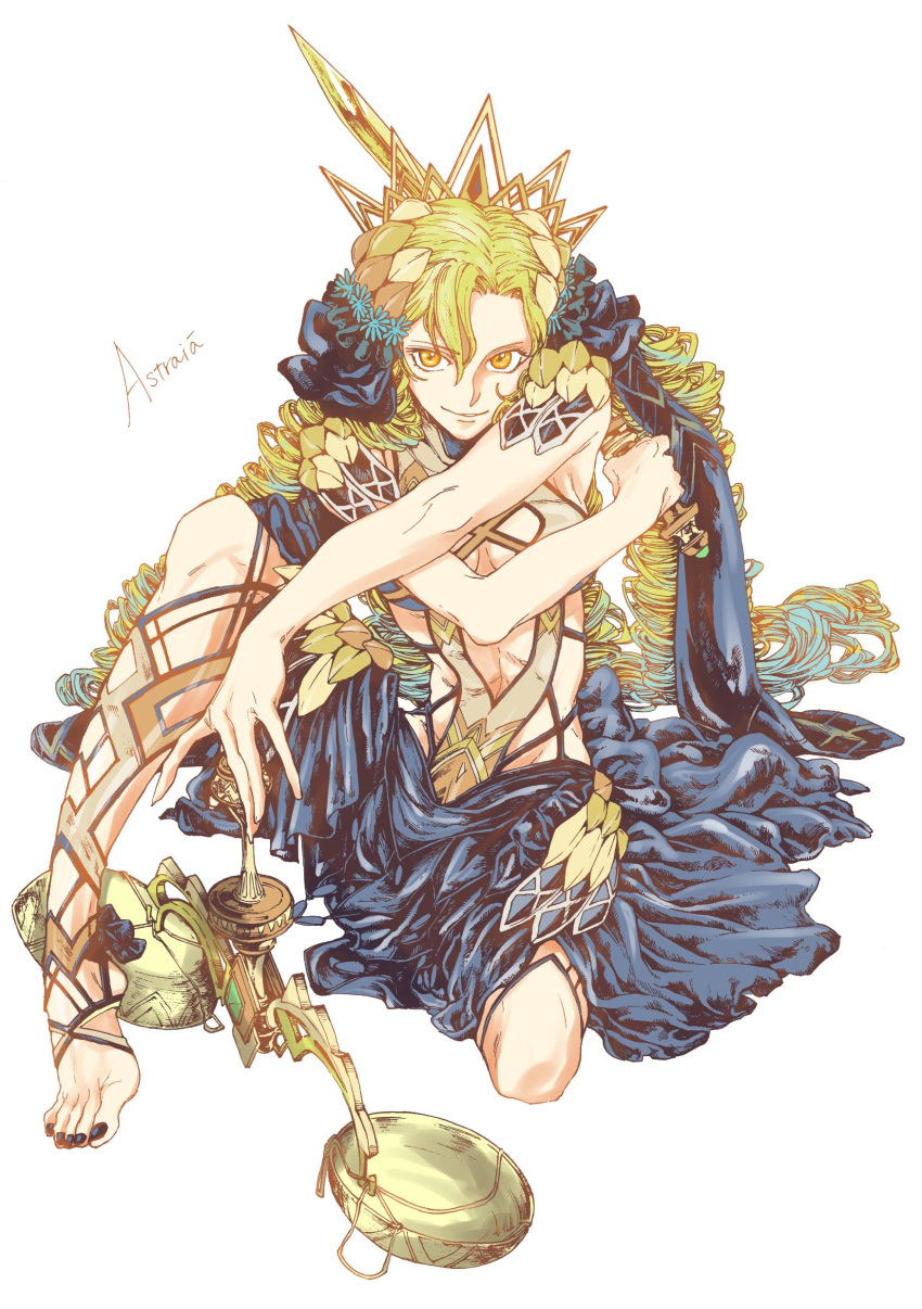 1girl, absurdres, astraea_(fate/grand_order), balance_scale, barefoot, black_nails, blonde_hair, breasts