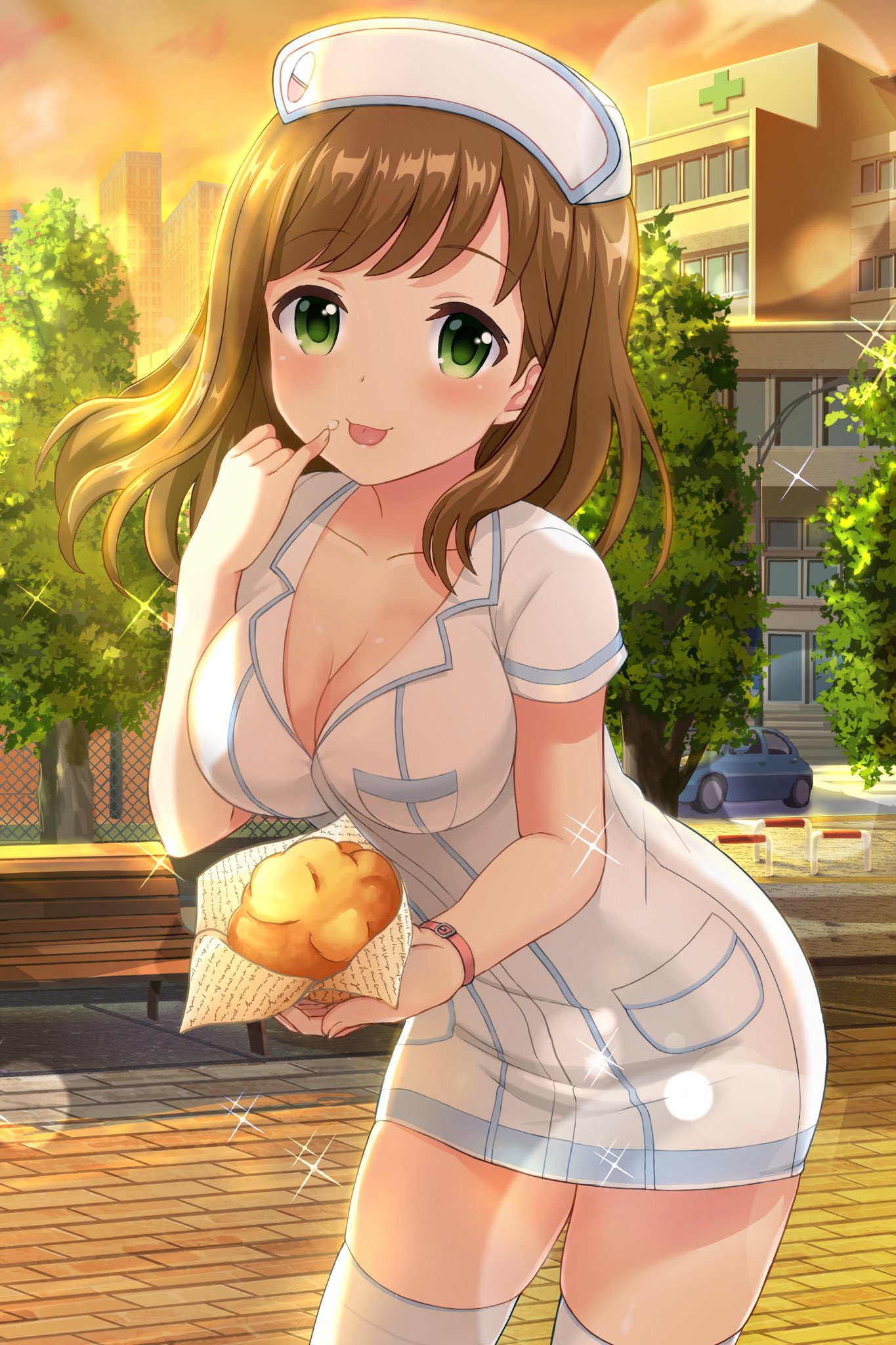 1girl, alternative_girls, bench, bracelet, breasts, brown_hair, dessert, food