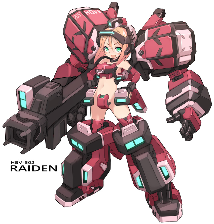 1girl, :d, bangs, bare_shoulders, black_gloves, blush, commentary_request, detached_sleeves, fingerless_gloves, full_body, gloves, green_eyes, groin, hair_between_eyes, hands_on_hips, highres, karukan_(monjya), light_brown_hair, long_hair, long_sleeves, looking_at_viewer, mecha_musume, navel, open_mouth, parted_bangs, personification, raiden_(virtual_on), red_legwear, red_sleeves, revealing_clothes, sidelocks, simple_background, smile, solo, standing, thigh-highs, v-shaped_eyebrows, virtual_on, white_background