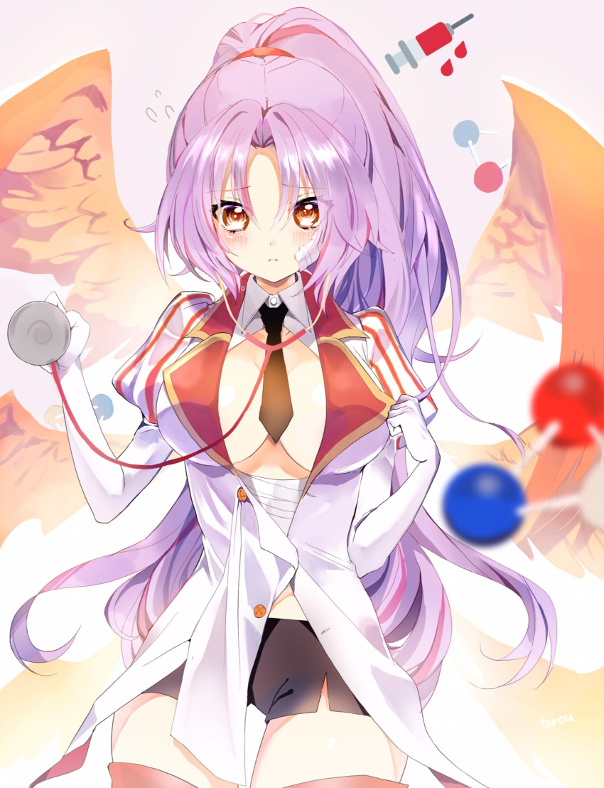 1girl, black_neckwear, black_skirt, blood, blush, breasts, brown_eyes, closed_mouth, collared_shirt, elbow_gloves, eyebrows_visible_through_hair, gloves, highres, hoerutarou, kamael_(monster_strike), large_breasts, long_hair, looking_at_viewer, monster_strike, multicolored_hair, necktie, ponytail, purple_hair, shirt, skirt, solo, stethoscope, syringe, tearing_up, two-tone_hair, very_long_hair, white_gloves, white_shirt
