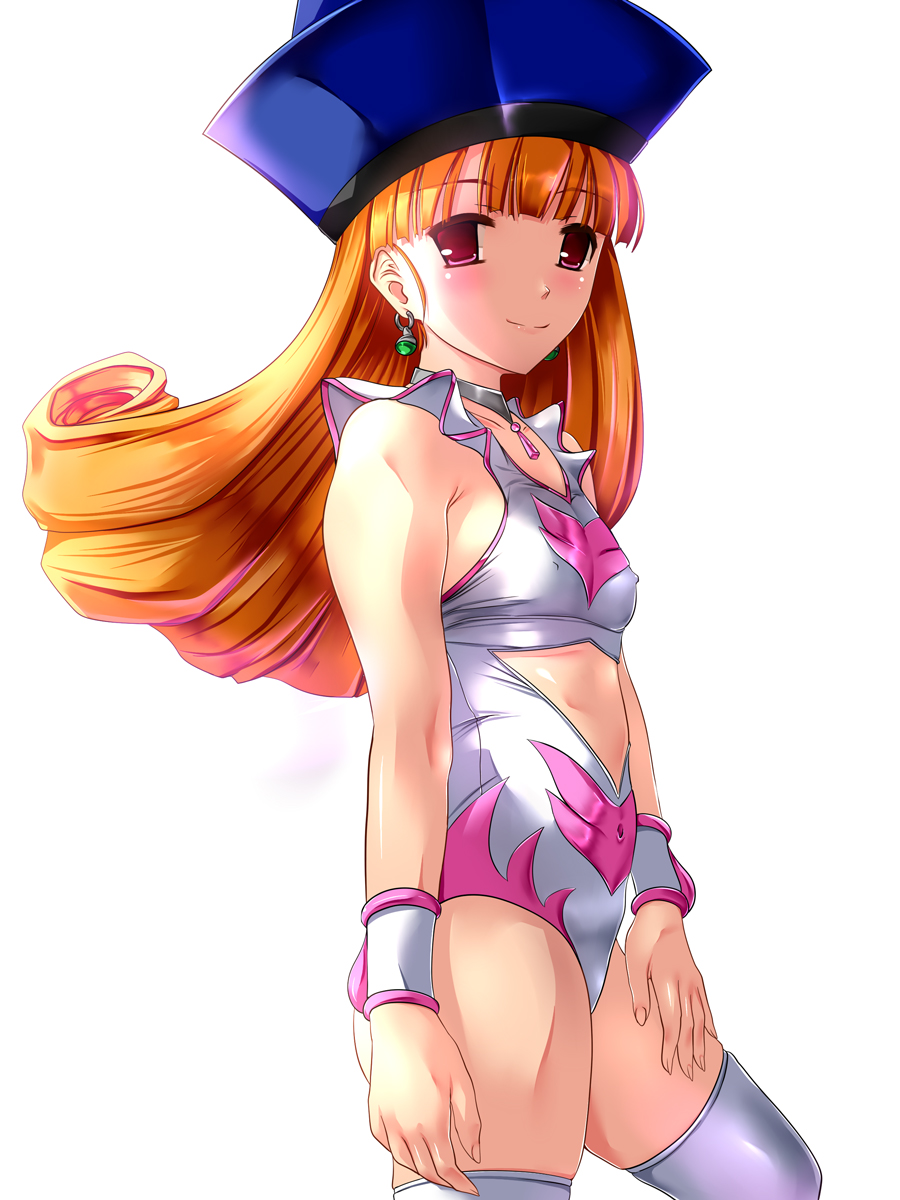 1girl, alena_(dq4), angel_leotard, closed_mouth, covered_nipples, curly_hair, dragon_quest, dragon_quest_iv, earrings, hat, highres, jewelry, leotard, long_hair, looking_at_viewer, nurupon, orange_hair, red_eyes, simple_background, smile, solo, thigh-highs, white_background