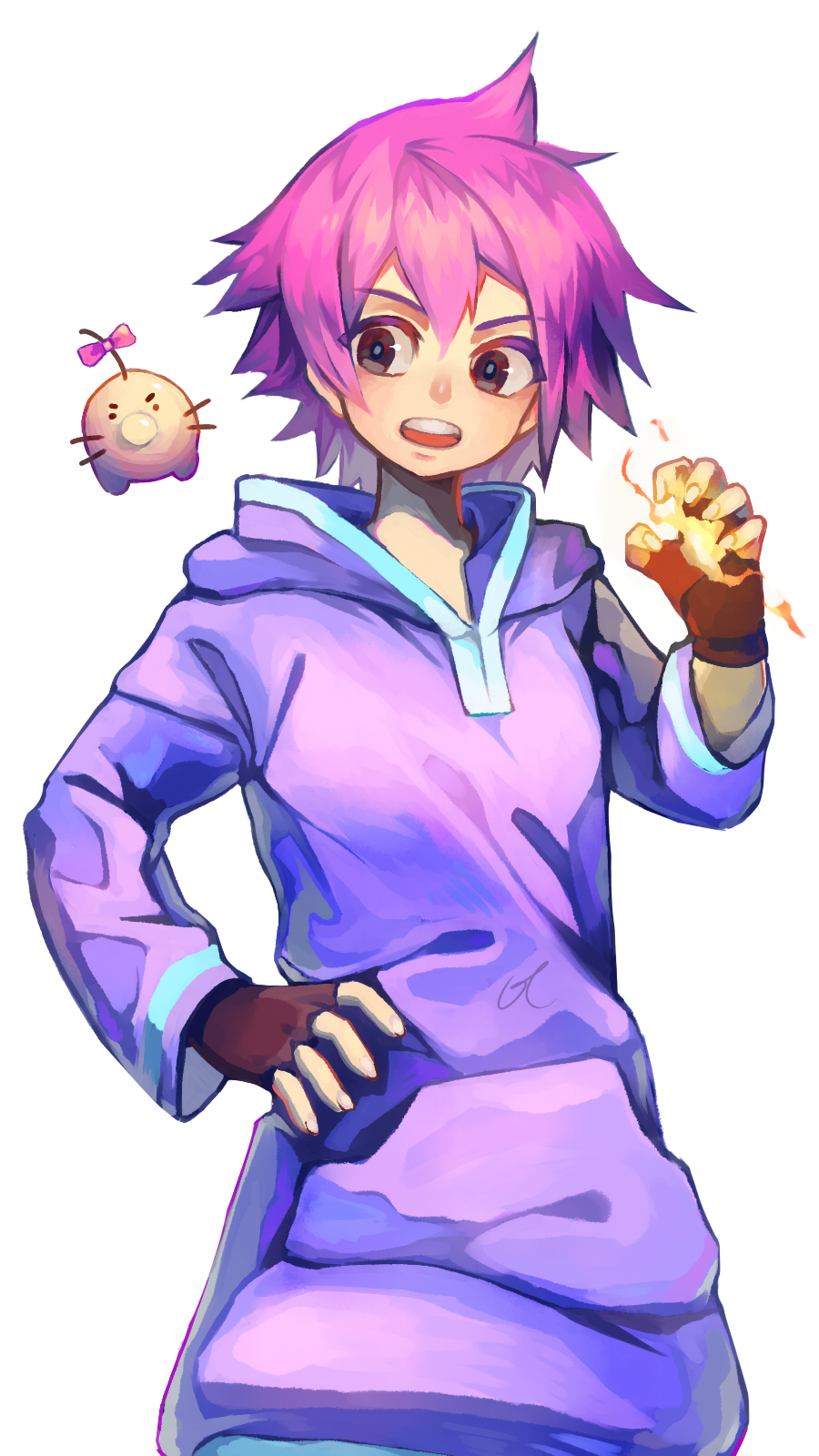 1girl, doseisan, gloves, gtcockroach, highres, hood, hoodie, kumatora, magic, mother_(game), mother_3, pink_hair, short_hair, simple_background, white_background