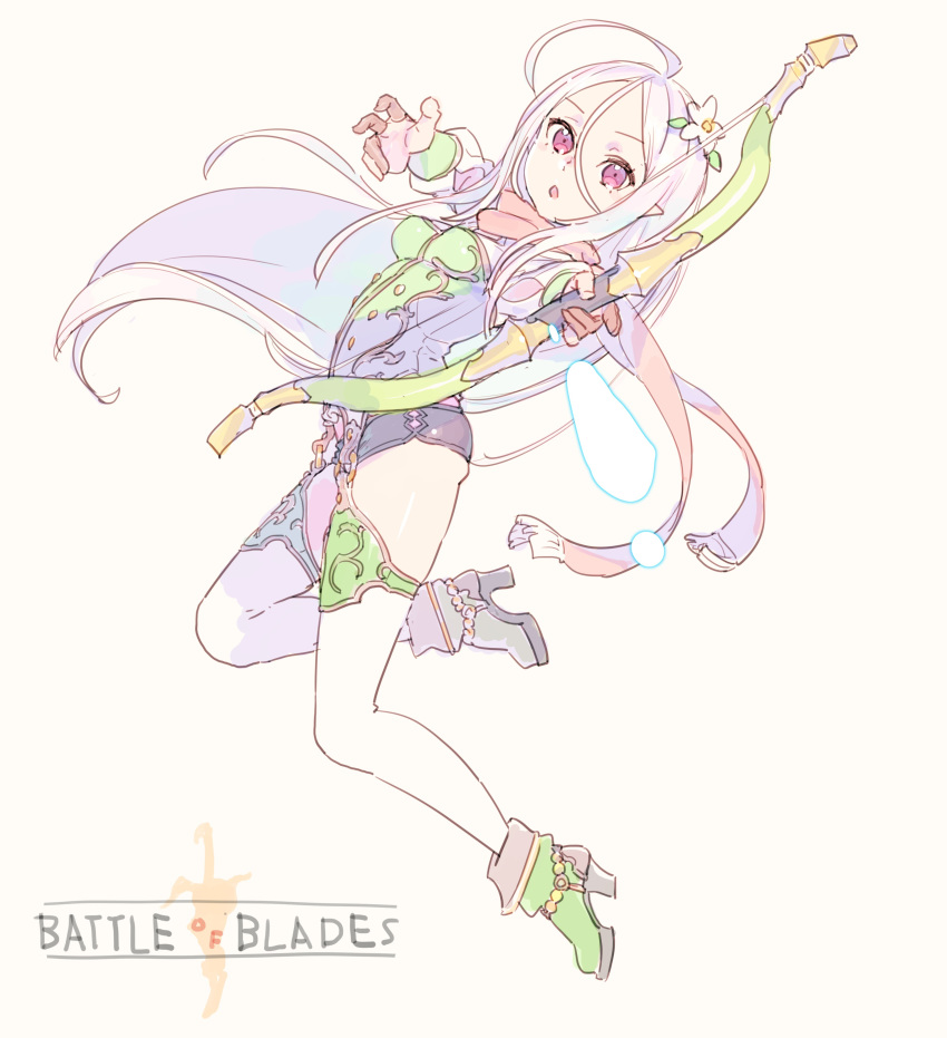 1girl, :o, absurdres, ahoge, aiming_at_viewer, ankle_boots, attacking_viewer, battle_of_blades, boots, bow_(weapon), breasts, commentary_request, copyright_name, flower, foreshortening, full_body, green_vest, hair_between_eyes, hair_flower, hair_ornament, high_heel_boots, high_heels, highres, holding, holding_bow_(weapon), holding_weapon, jumping, long_hair, looking_at_viewer, nagisa_kurousagi, panties, parted_lips, pink_background, pink_eyes, pink_hair, pointy_ears, scarf, simple_background, small_breasts, solo, underwear, very_long_hair, vest, weapon