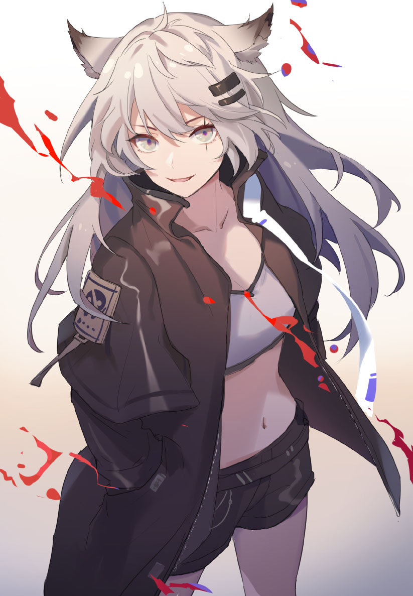 1girl, :d, animal_ear_fluff, animal_ears, arknights, bangs, black_jacket, black_shorts