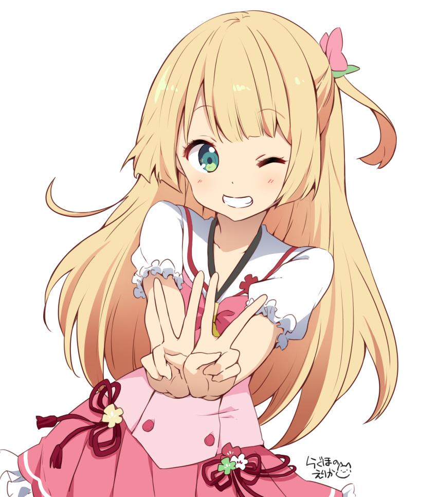 1girl, bangs, blonde_hair, blush, bow, collarbone, commentary_request, double_v