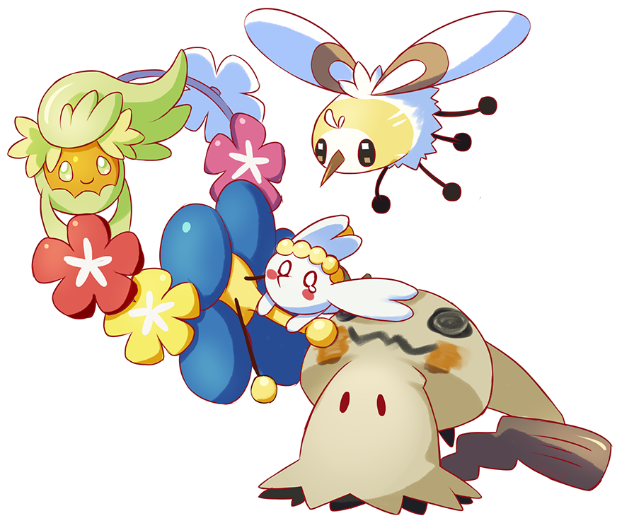 blush_stickers, bounsweet, cherubi, closed_mouth, comfey, commentary, conmimi, creature