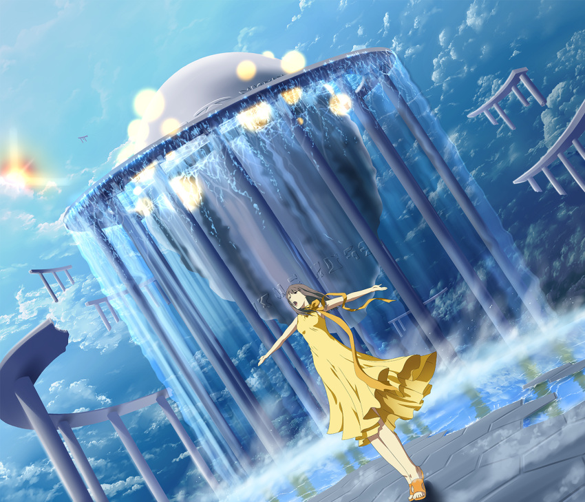 1girl, breasts, brown_hair, day, dress, dutch_angle, floating, floating_object