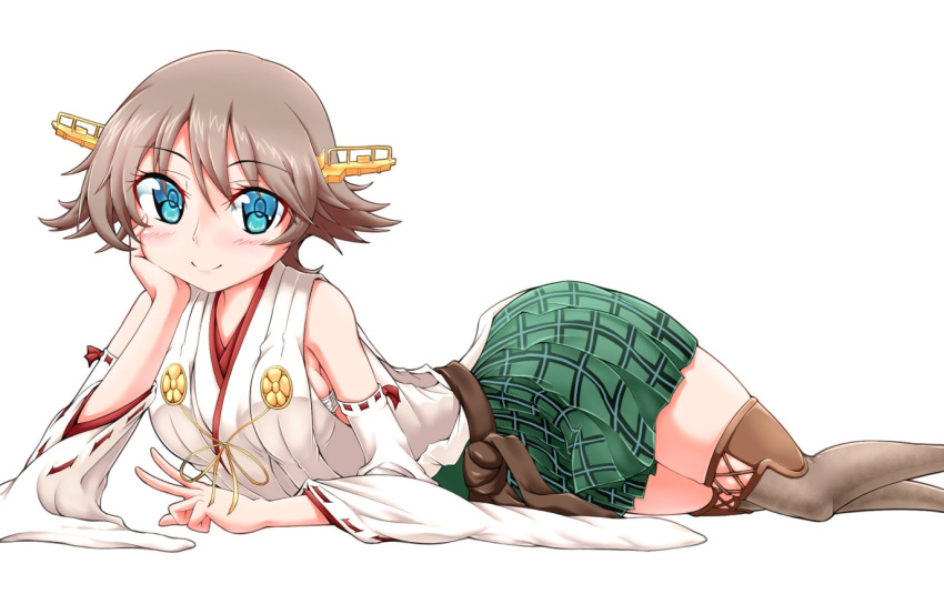 1girl, blue_eyes, boots, brown_hair, commentary_request, detached_sleeves, feet_out_of_frame, flipped_hair