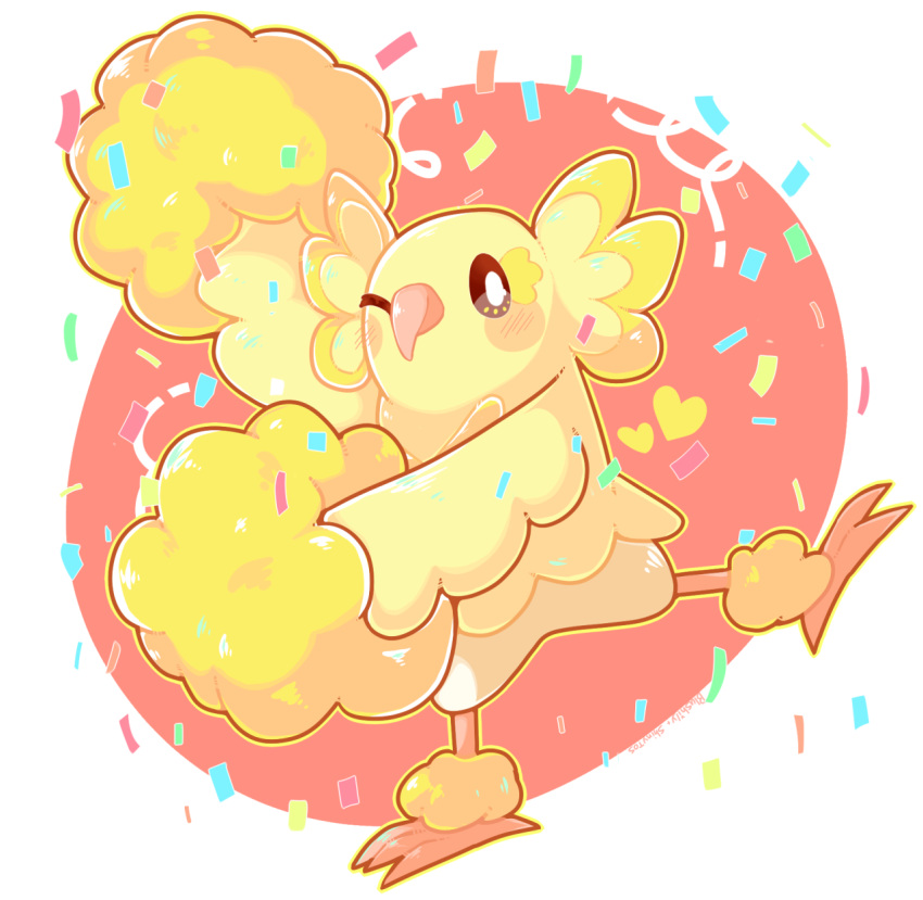 bird, bird_focus, black_eyes, blush_stickers, blushily, collaboration, commentary, confetti