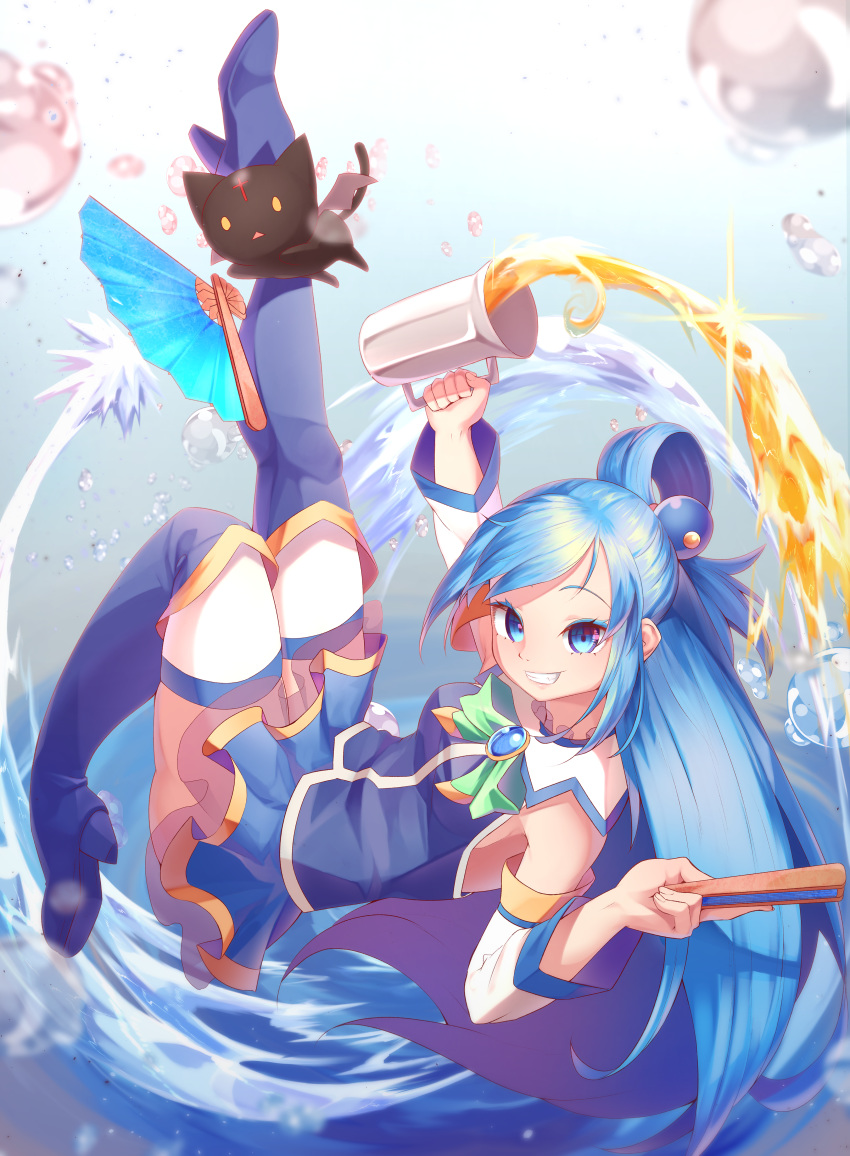 1girl, absurdres, alcohol, aqua_(konosuba), aqua_eyes, aqua_hair, beer, boots