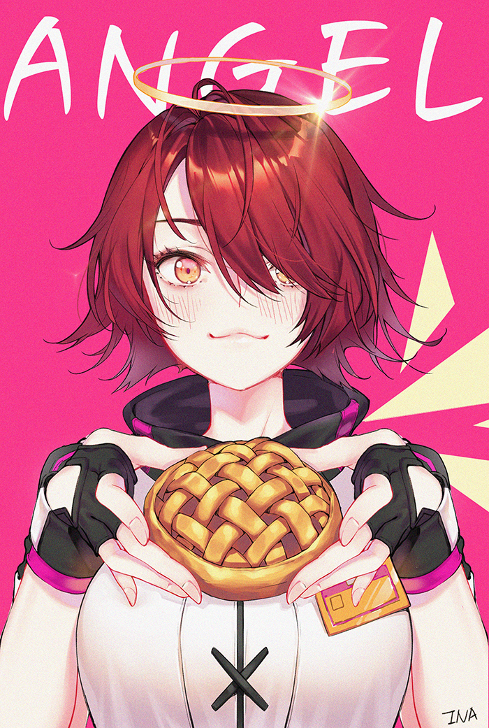 1girl, :3, apple_pie, arknights, bangs, black_gloves, blush, breasts