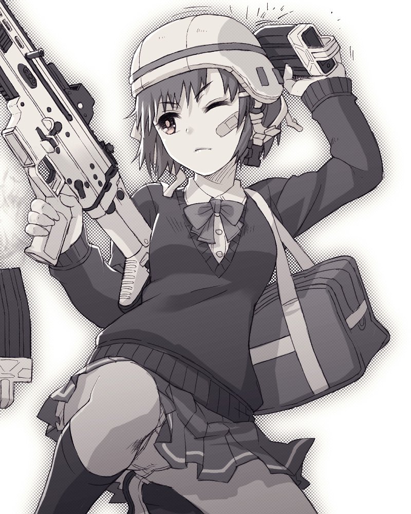 1girl, assault_rifle, bag, bandaid, bandaid_on_face, borrowed_character, bow, bowtie