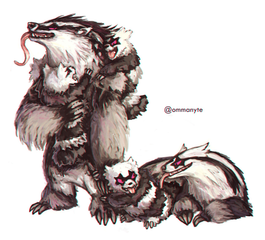 claws, commentary, creature, english_commentary, eye_contact, galarian_form, galarian_linoone, galarian_zigzagoon