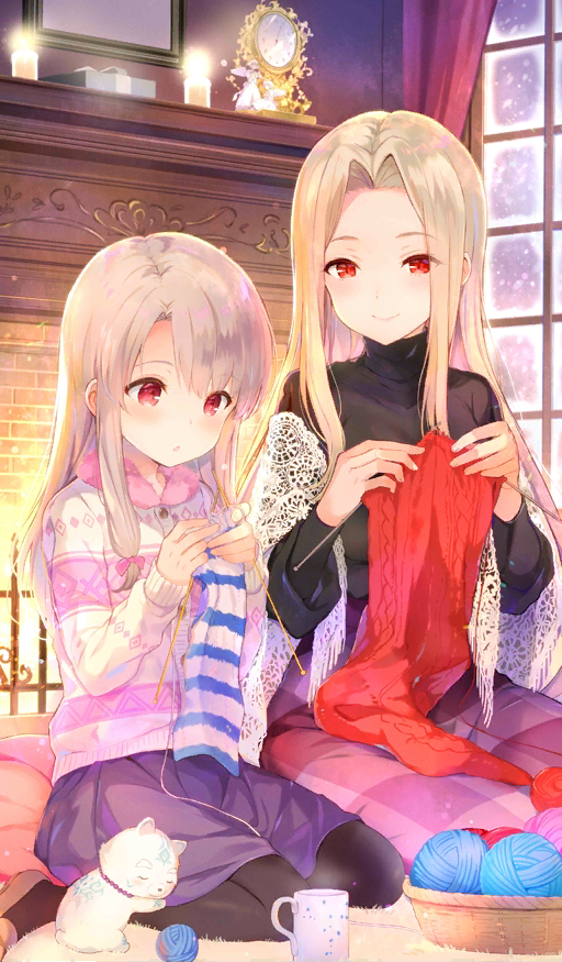 2girls, :o, analog_clock, bangs, black_shirt, blush, candle, clock