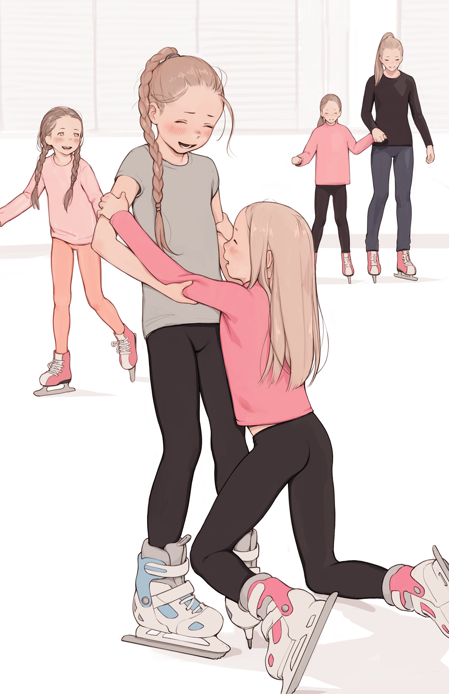 5girls, black_pants, blonde_hair, blush, braid, braided_ponytail, brown_hair, closed_eyes