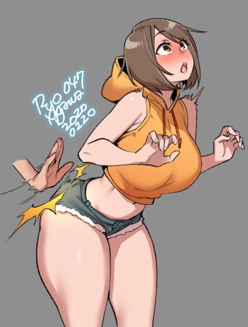 1girl, 2020, :o, agawa_ryou, bare_shoulders, blush, breasts, brown_eyes, brown_hair, dated, denim, denim_shorts, english_commentary, grey_background, large_breasts, midriff, navel, open_mouth, original, short_hair, short_shorts, shorts, signature, simple_background, spanking, thick_thighs, thighs, yellow_hoodie