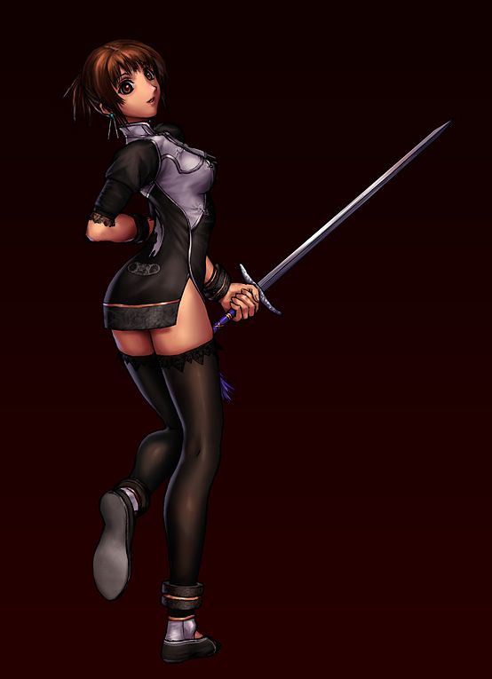 1girl, arm_behind_back, bangs, black_legwear, black_thighhighs, breasts, brown_eyes, brown_hair, chai_xianghua, china_dress, chinese_clothes, dress, earrings, full_body, holding, holding_sword, holding_weapon, jewelry, jian_(weapon), medium_breasts, short_dress, short_hair, side_slit, simple_background, solo, soul_calibur, soulcalibur, standing_on_one_leg, sword, tassel, thigh-highs, thighhighs, weapon, xianghua, zettai_ryouiki