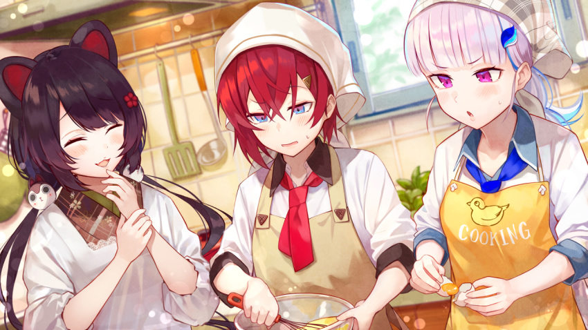 3girls, :d, ^_^, alternate_hairstyle, ange_katrina, animal_ears, apron, bangs