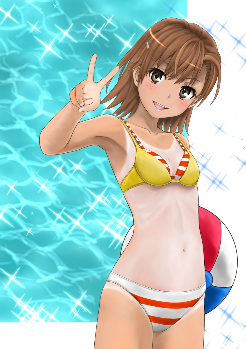 1girl, alternate_costume, arm_up, armpits, ball, bangs, beachball, bikini