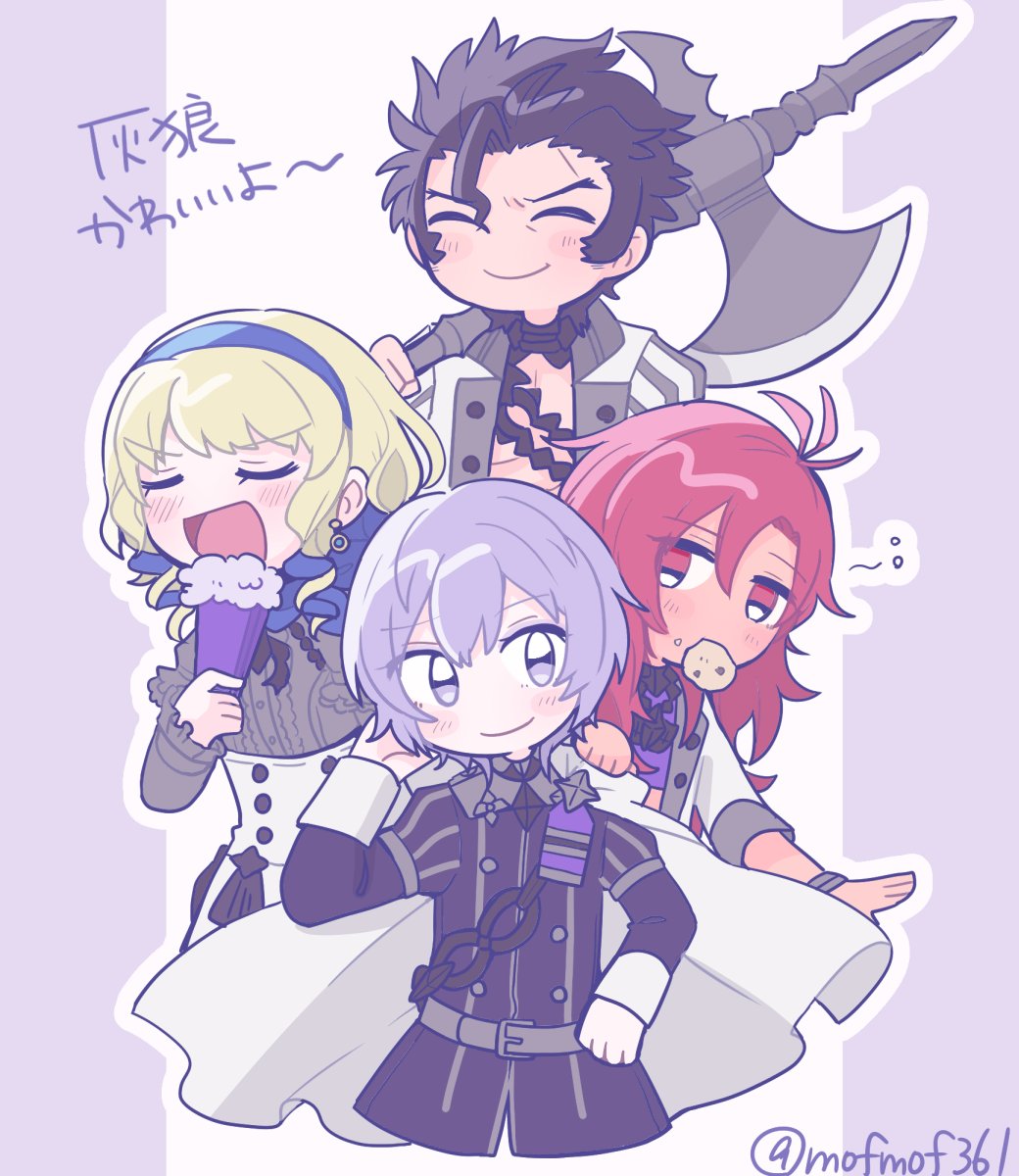 2boys, 2girls, axe, balthus_(fire_emblem), belt, black_hair, blonde_hair, blue_hairband