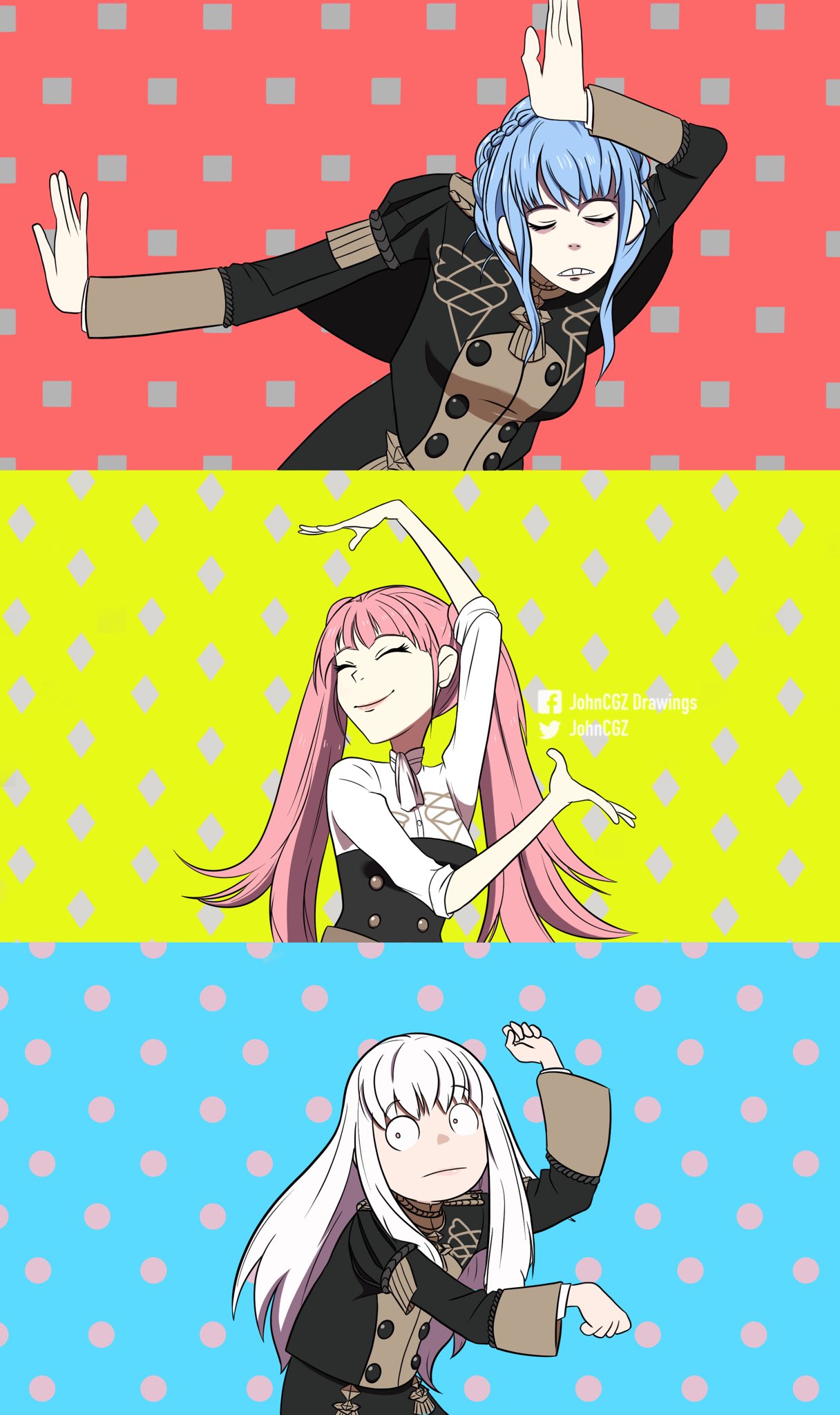 3girls, artist_name, blue_hair, braid, closed_eyes, closed_mouth, crown_braid, easy_breezy